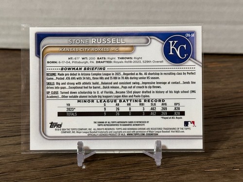 2024 Bowman Chrome Stone Russell 1st Prospect Auto KC Royals #CPA-SR - Picture 2 of 2
