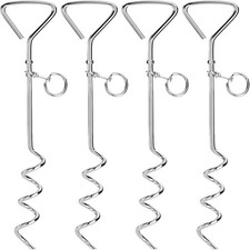 Fasmov 4 Pack 16" Dog Stake, Metal Spiral Anchor Tie-Out with Ring, Silver