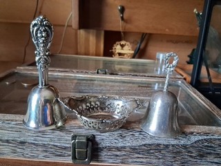 ANTIQUE STERLING SILVER MISC LOT BELLS TRINKET DISH. 128 GRAMS!