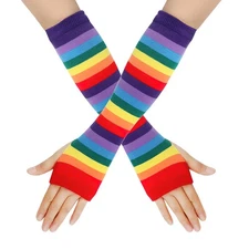 Rainbow Stripe Long Fingerless Gloves Warmer Knitted Elastic Arm Elbow