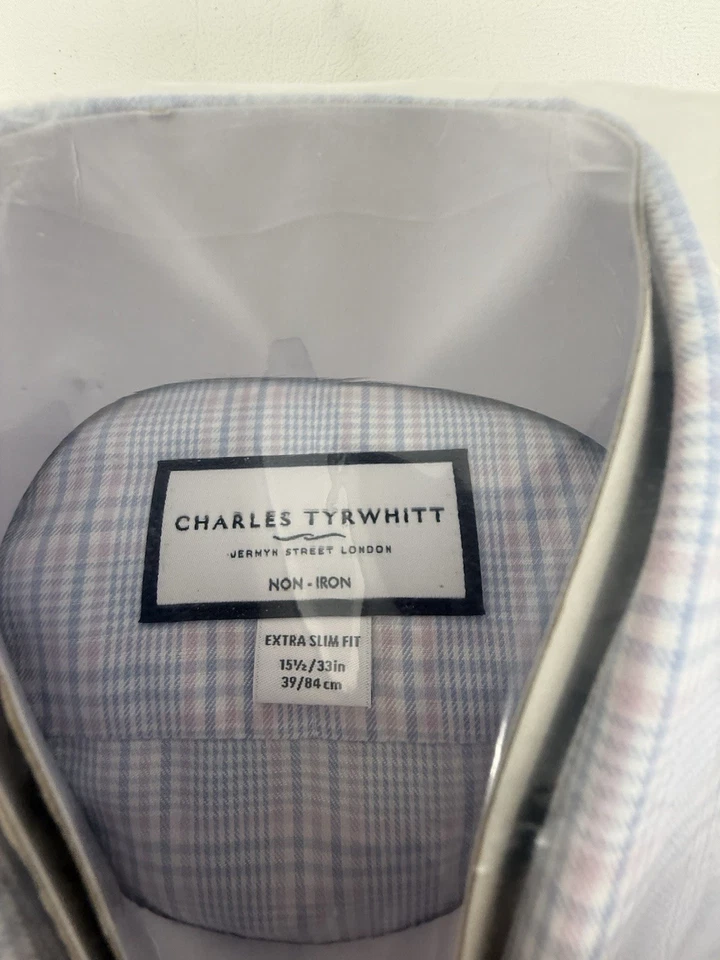 Charles Tyrwhitt sarga sin hierro Príncipe de Gales ex. Camisa Slim Rosa/Azul 15.5/33 Foto 2 de 3