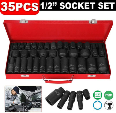 35pcs 1/2'' Inch Deep Impact Socket Set Drive 8-32mm Metric Garage Sae With Case