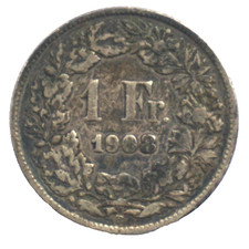 Eine Schweizer / Schweiz (Helvetia stehend) 1908 Silbermünze 1 Franken