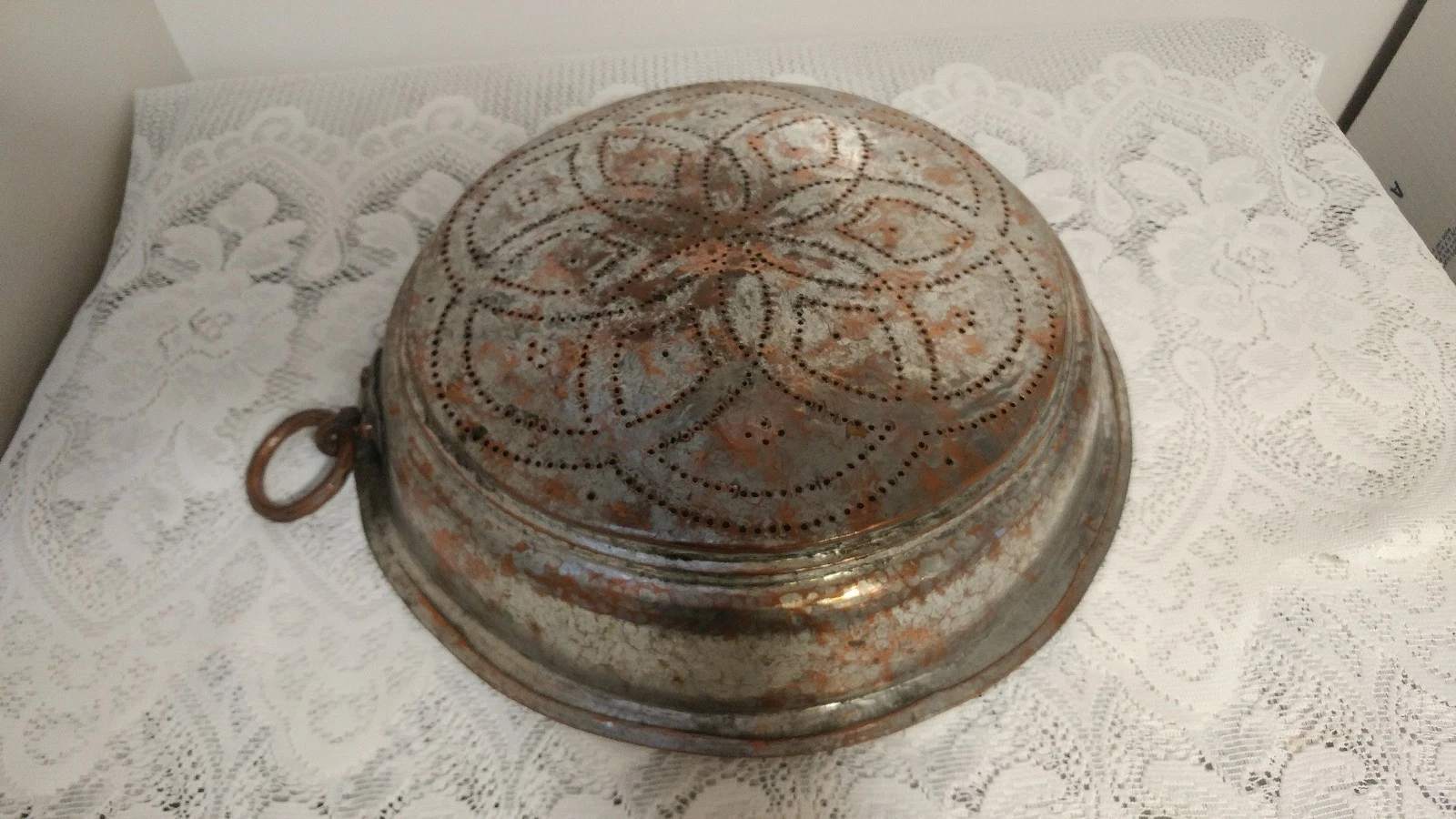 Antique Primitive Hand Hammered Large Copper Strainer / Colander w/Hanging Ring