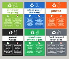 Set of 6 WRAP Recycling Recycle Guidance Signs Foamex Rigid PVC/Adhesive Sticker