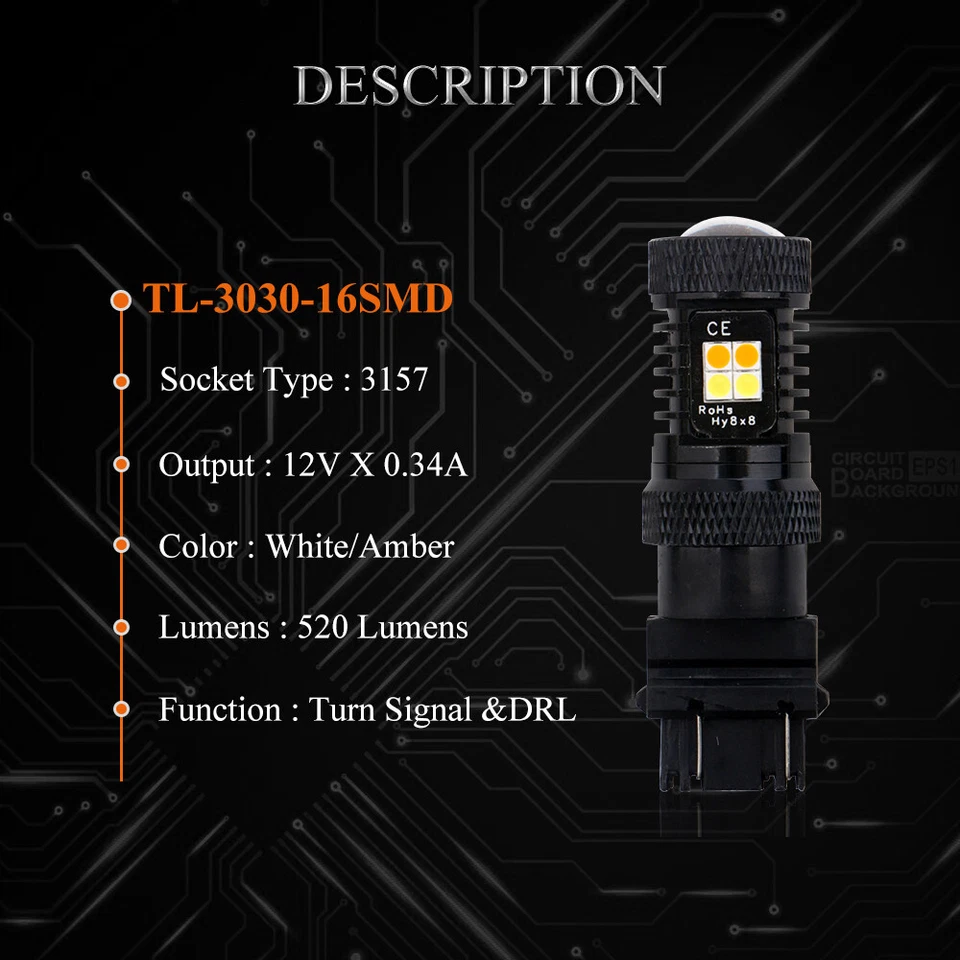 2Pcs White Amber Switchback 3157 3047 3057 3155 3157A 3157NA Turn LED Bulbs 12V - Image 4 of 4