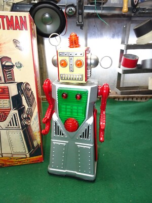 Chief Robotman Robot Battery Operated Tin Toy Blue Action Figure