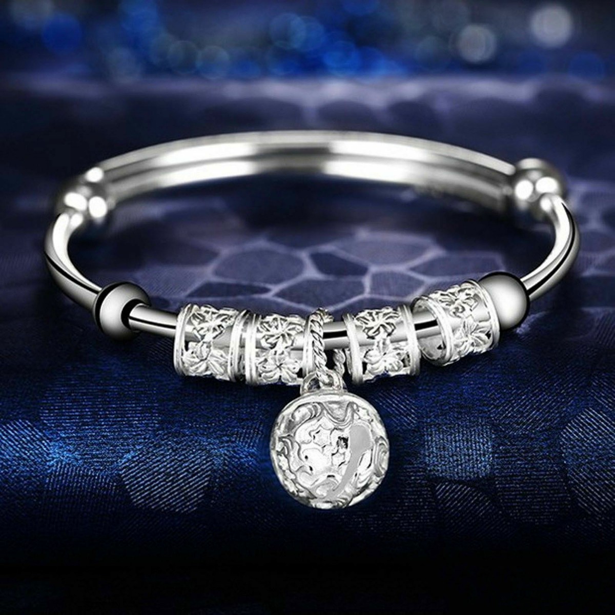 1PC Pure 990 Fine Silver Bangle Women Carved Flower Bell