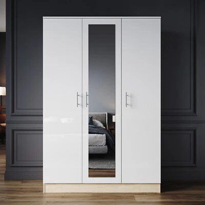 ELEGANT High Gloss 3 Door Triple Mirrored Wardrobe White&Oak with Hanging Rail & Shelves