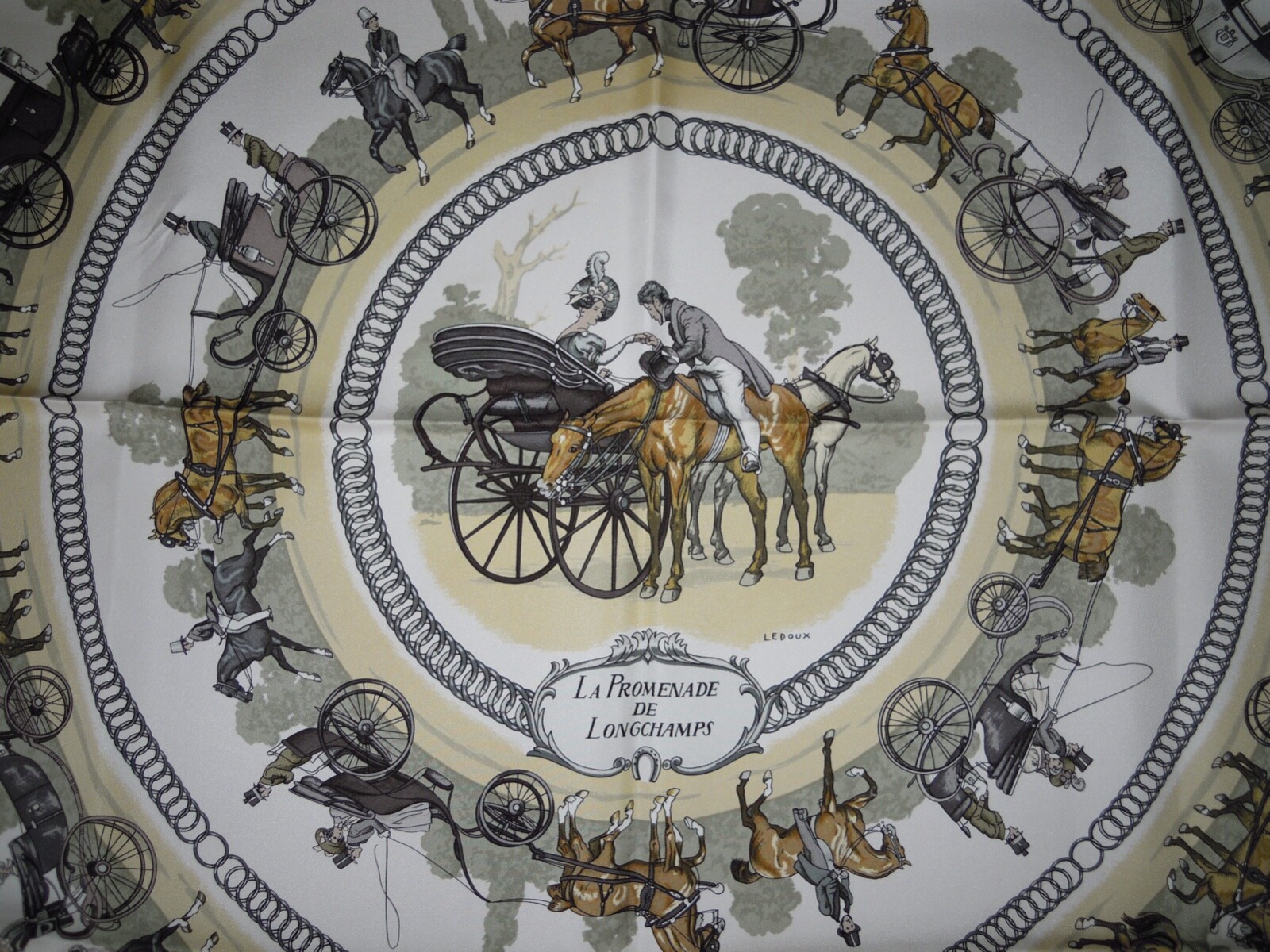 Vintage Authentic HERMES Carre 90 Scarf "LA PROMENADE DE LONGCHAMPS " Silk White image 6
