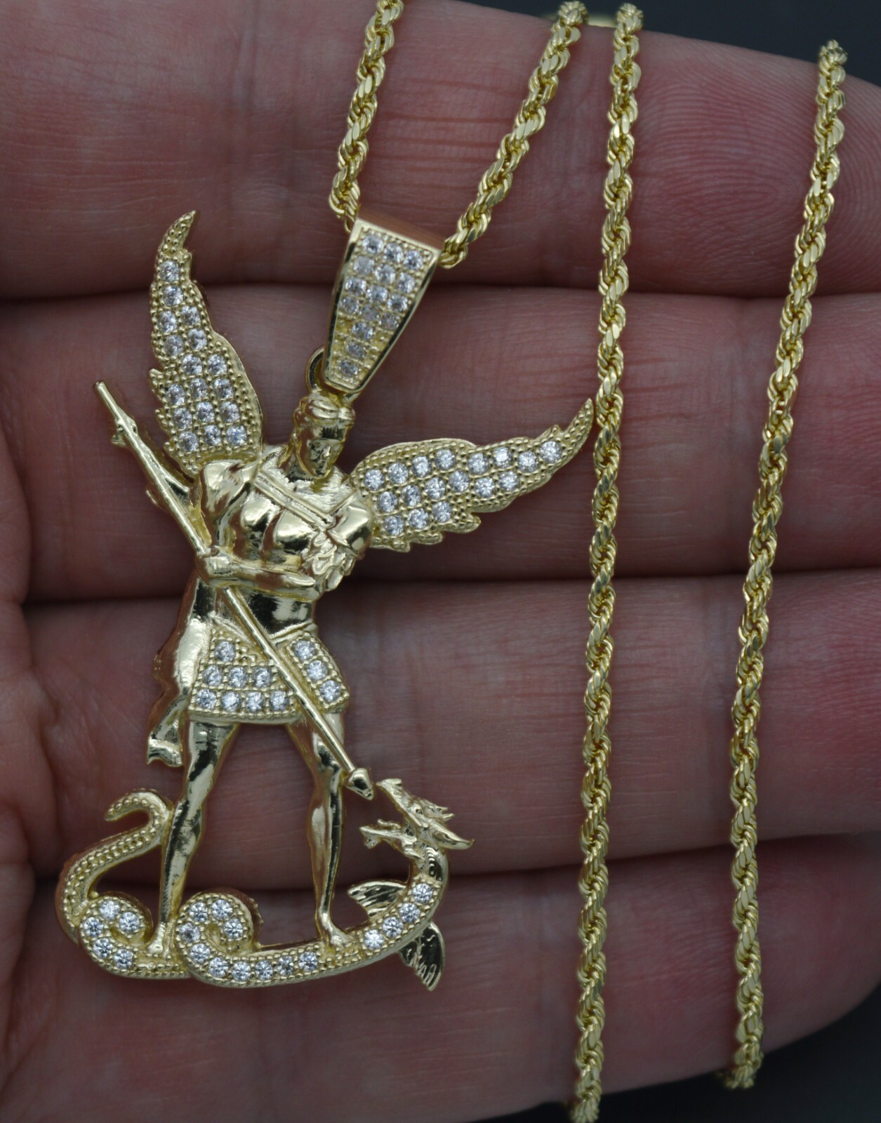 Real 10K Yellow Gold Saint Michael The Archangel pendant +Chain 16