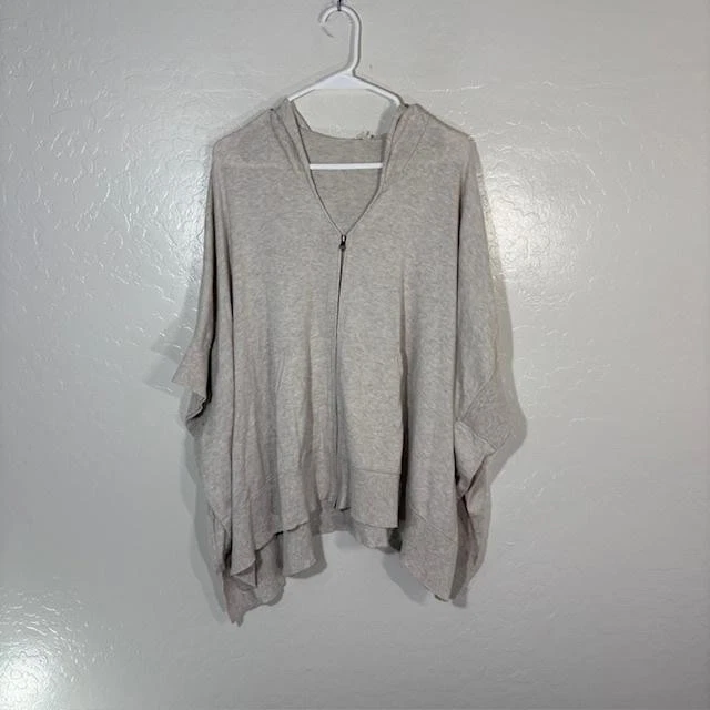 Eileen Fisher Sweater Womens Small Beige Organic Cotton Hooded Zip Dolman Poncho