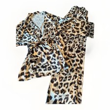 Women's Leopard Satin Pajama Set Robe Wrap Top Pants Belted Tie V-Neck L NEW