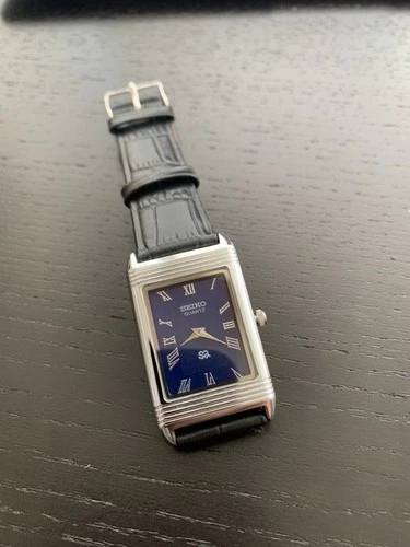 Vintage Seiko Reverso Frame Tank Wrist Watch Refurbished Blue Dial Silver Bezel
