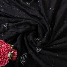 Sanskriti Vintage Black Pure Georgette Saree Hand Beaded Thread Sari 5 Yd Fabric