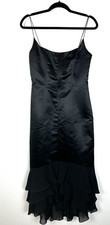 DE LARUE Women's 8 Vintage Black Satin Spaghetti Strap Whimsigoth Ruffle Dress