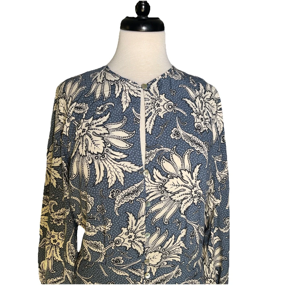 H & M женщин размер средний пыльный синий пейсли длинным рукавом с воротником миди платье новый с Ярлыками - Изображение 2 из 4