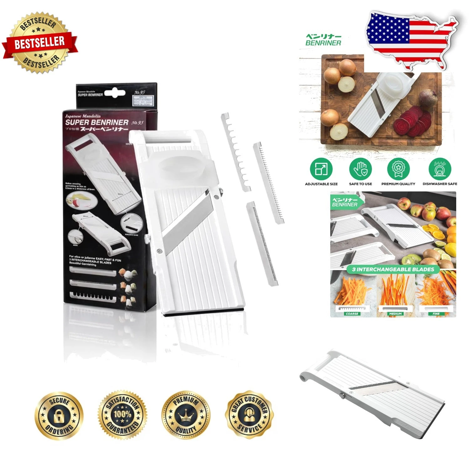 Mandoline Slicer 4 Japanese SS Blades, BPA-Free, Dishwasher Safe, Veggie Prep