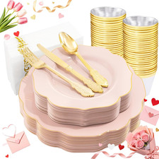 175PCS Pink Plates with Gold Disposable Silverware - Include 50 Pink Plastic Pla