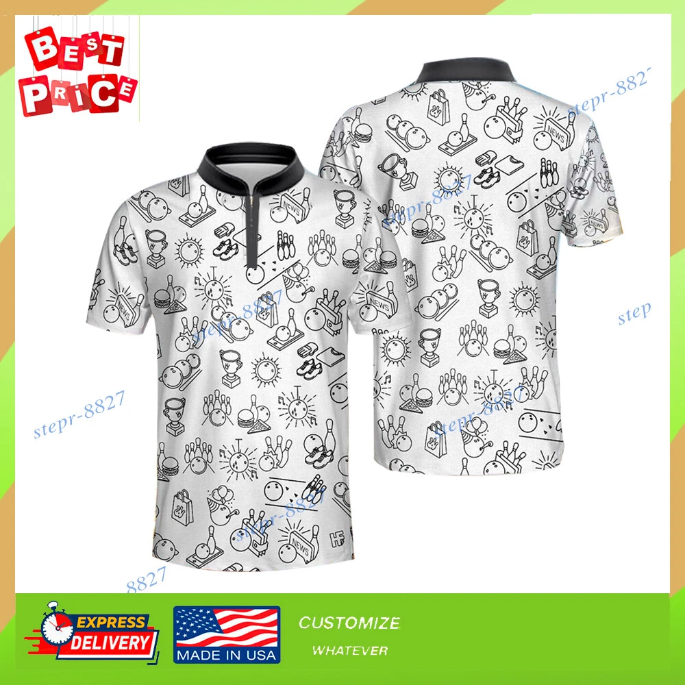 Clip Art Bowling Black White Men Jersey 3D Polo Shirt Over Print