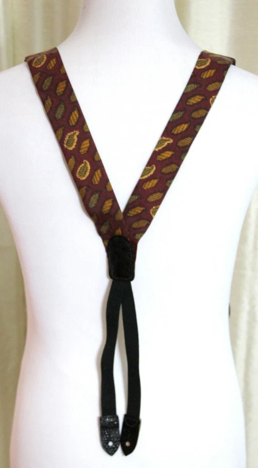 Cole Haan DRK ROJO PAISLEY 100% SEDA NEGRO CUERO BOTONES X-BACK TIRANTES (Z7 Foto 4 de 4