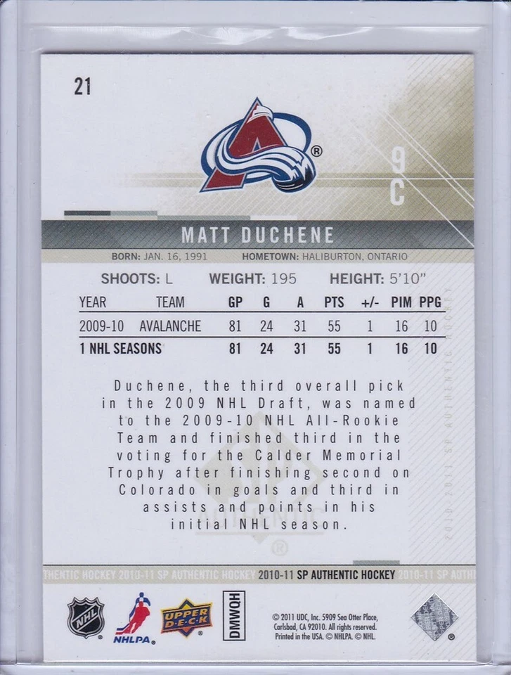 Matt Duchene 2010 SP Authentic Hockey Card 21 Grade MT - Image 2 of 2