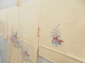 4603T03z540 Vintage Japanese Kimono Silk HAORI Flowers Light cream