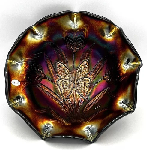 FENTON CARNIVAL GLASS BOWL LANDMARK COLLEC. 1905-2005, BUTTERFLY & TULIP W/BOX