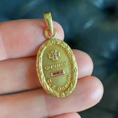 2Ct Lab-Created Border Augis Medal of Love Ruby Pendant 14K Yellow Gold Over
