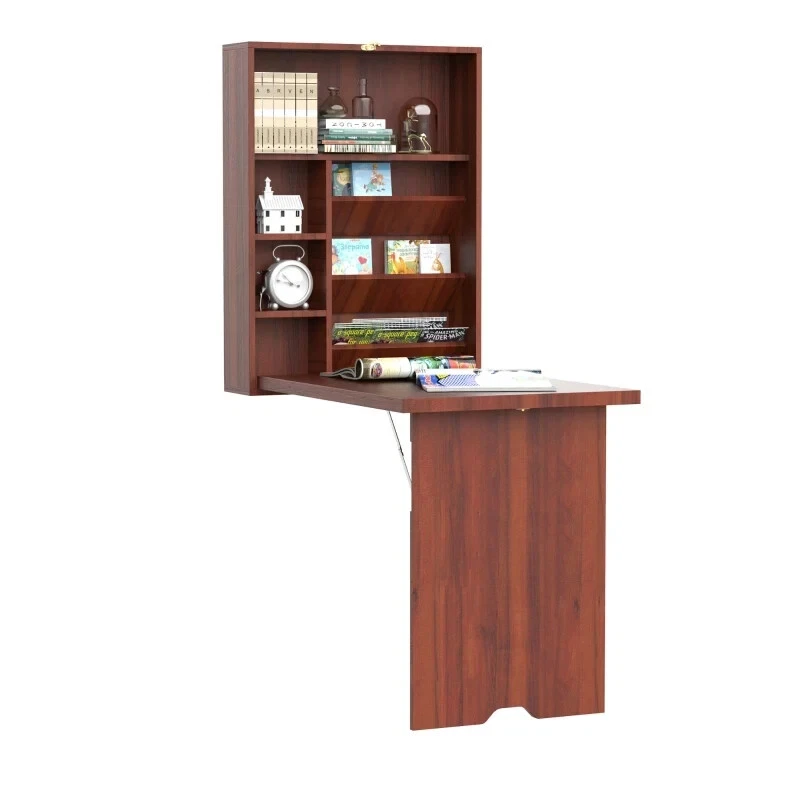 HOMCOM Wall Mounted Desk Convertible Fold Out Office Table W/Shelves, Brown - Image 2 of 4
