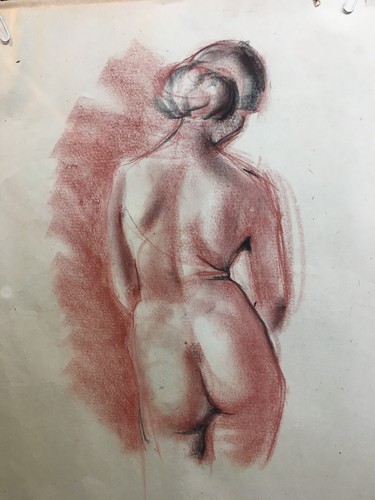 Vtg Charcoal Red Pencil Art DRAWING SKETCH Portrait Nude Woman Standing 22x17in - Picture 3 of 3