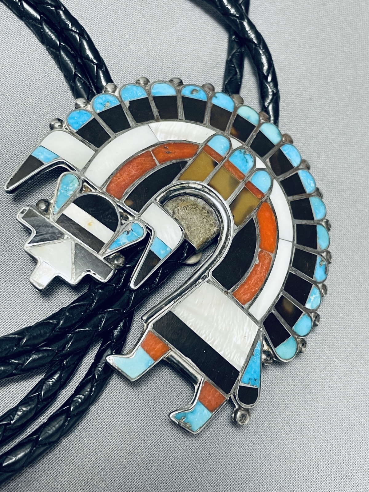 EARLY AUTHENTIC VINTAGE ZUNI TURQUOISE STERLING SILVER INLAY BOLO TIE ...