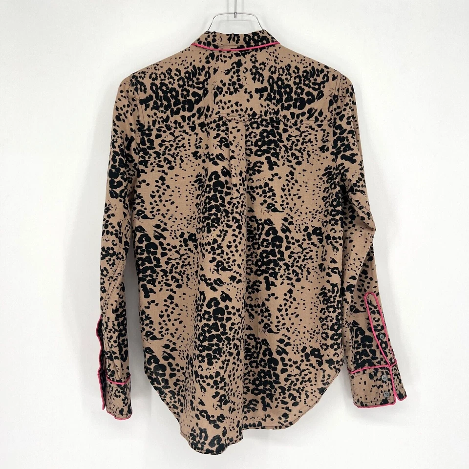 J.Crew Blouse Women's S Leopard Print Button Up Collared Long Sleeve Pink Piping - Image 2 of 4