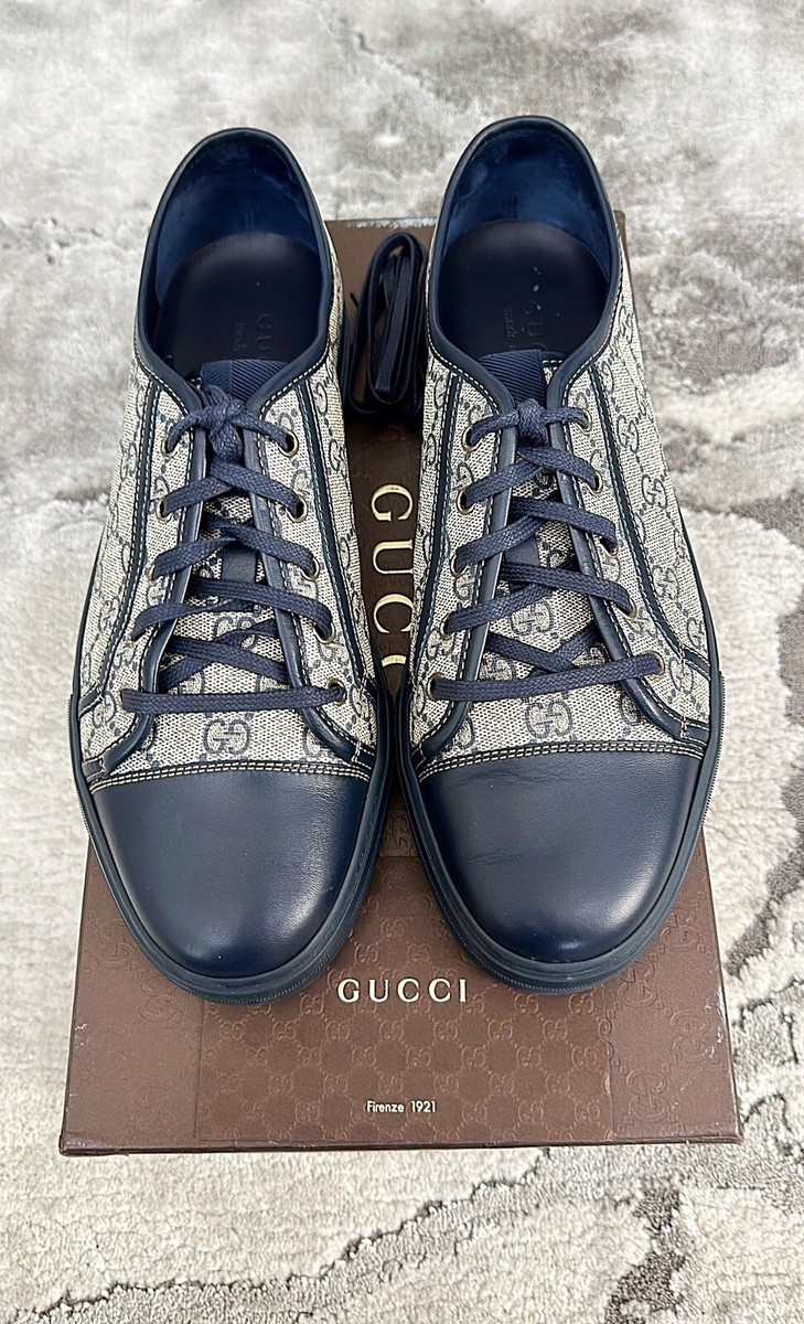 Authentic Gucci Monogram Beige/Blue Canvas Leather Men Sneaker