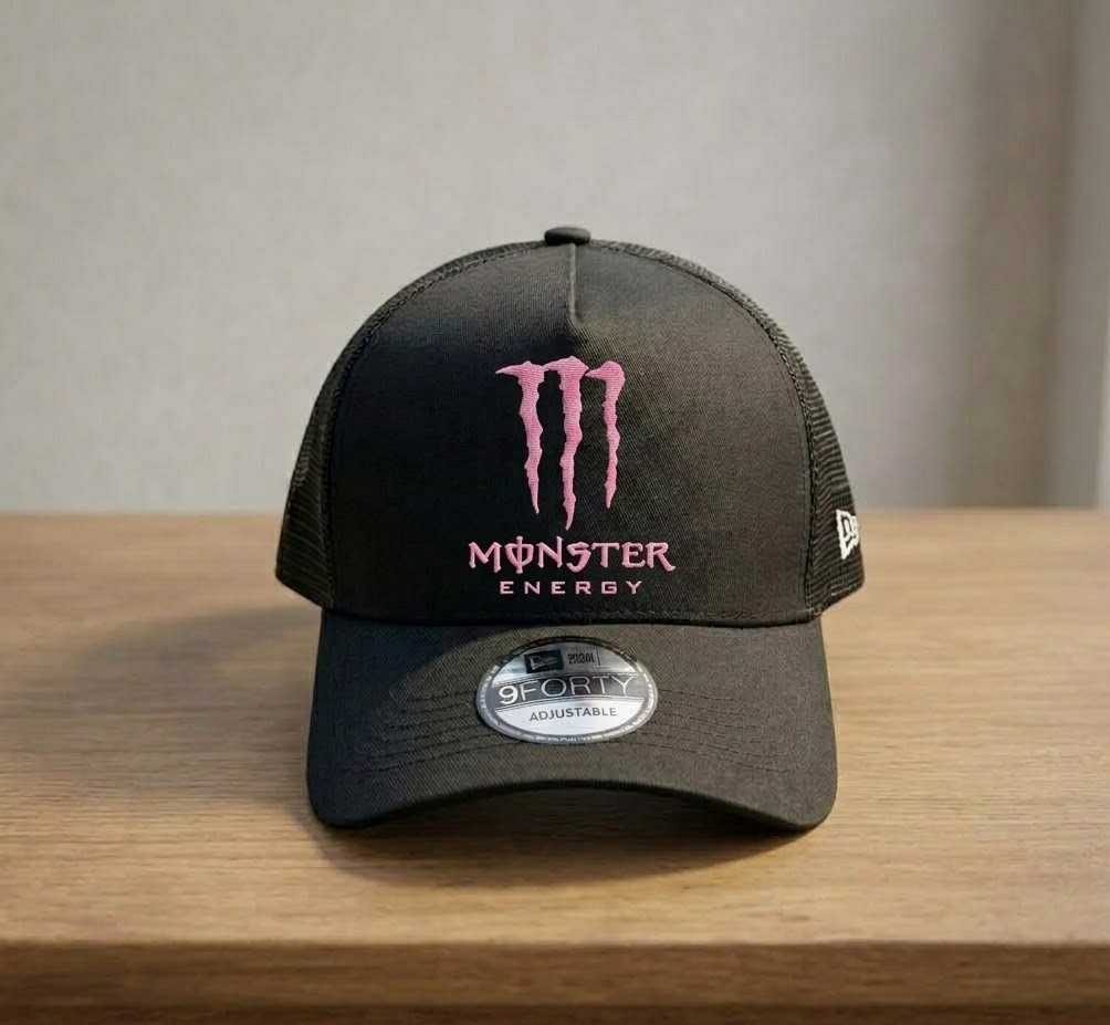 Monster Energy Pink Logo Embroidered Hat 9FORTY Trucker Cap Black