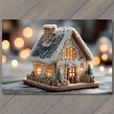POSTCARD Gingerbread Cottage Snowy Roof Glowing Lights Holiday Winter Wonderland
