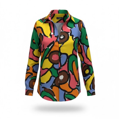 Rodier Paris Graffiti Print Multicolored Women's Boho 100% Silk Shirt, Small