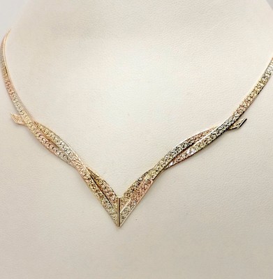 14k dreifarbiges Gold strukturiertes Fischgrät V Kette Wende Halskette Italien 20'' Neu