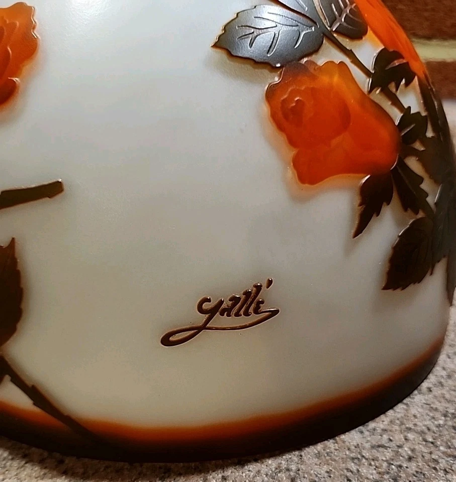 Emile Gallé Cameo Floral Glass Shade Metal Lamp Signed Large Orange/Brown  - Image 4 of 4