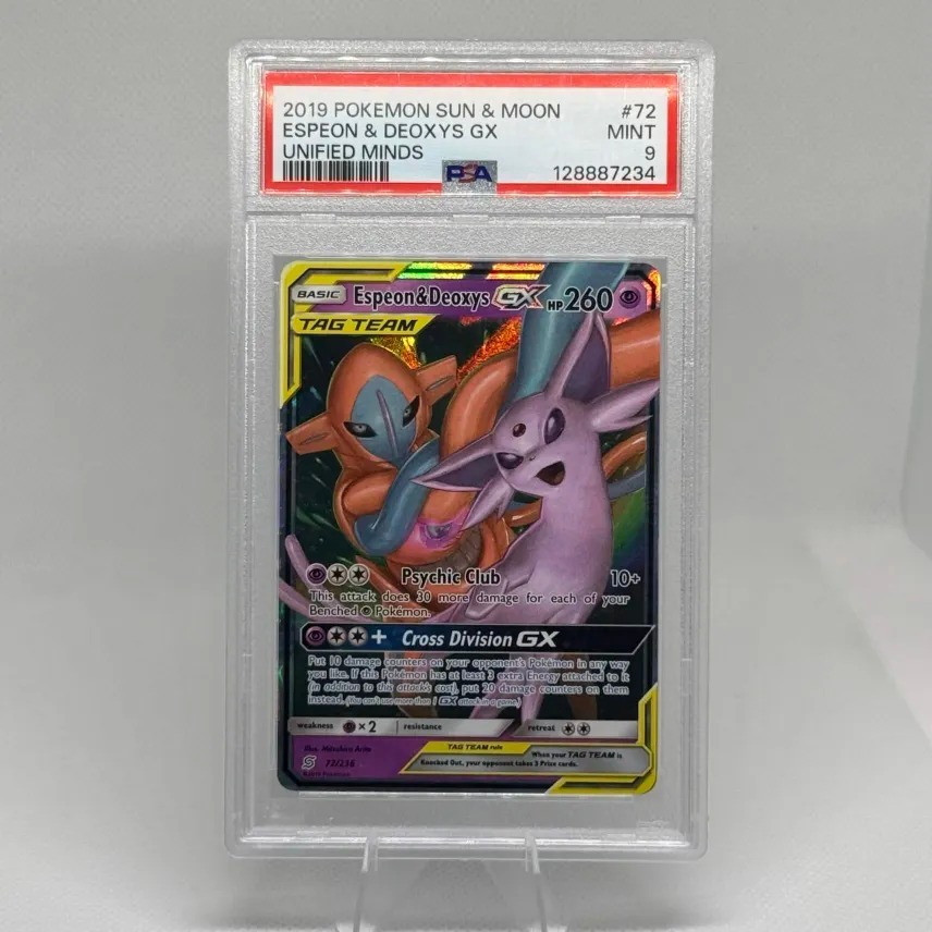 CLEAN 2019 Pokemon Unified Minds Espeon & Deoxys GX #72/236 Ultra Rare Holo PSA
