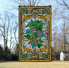 20" x 33.75" Tiffany Style stained glass window panel flower Grape w/ Vine HF220
