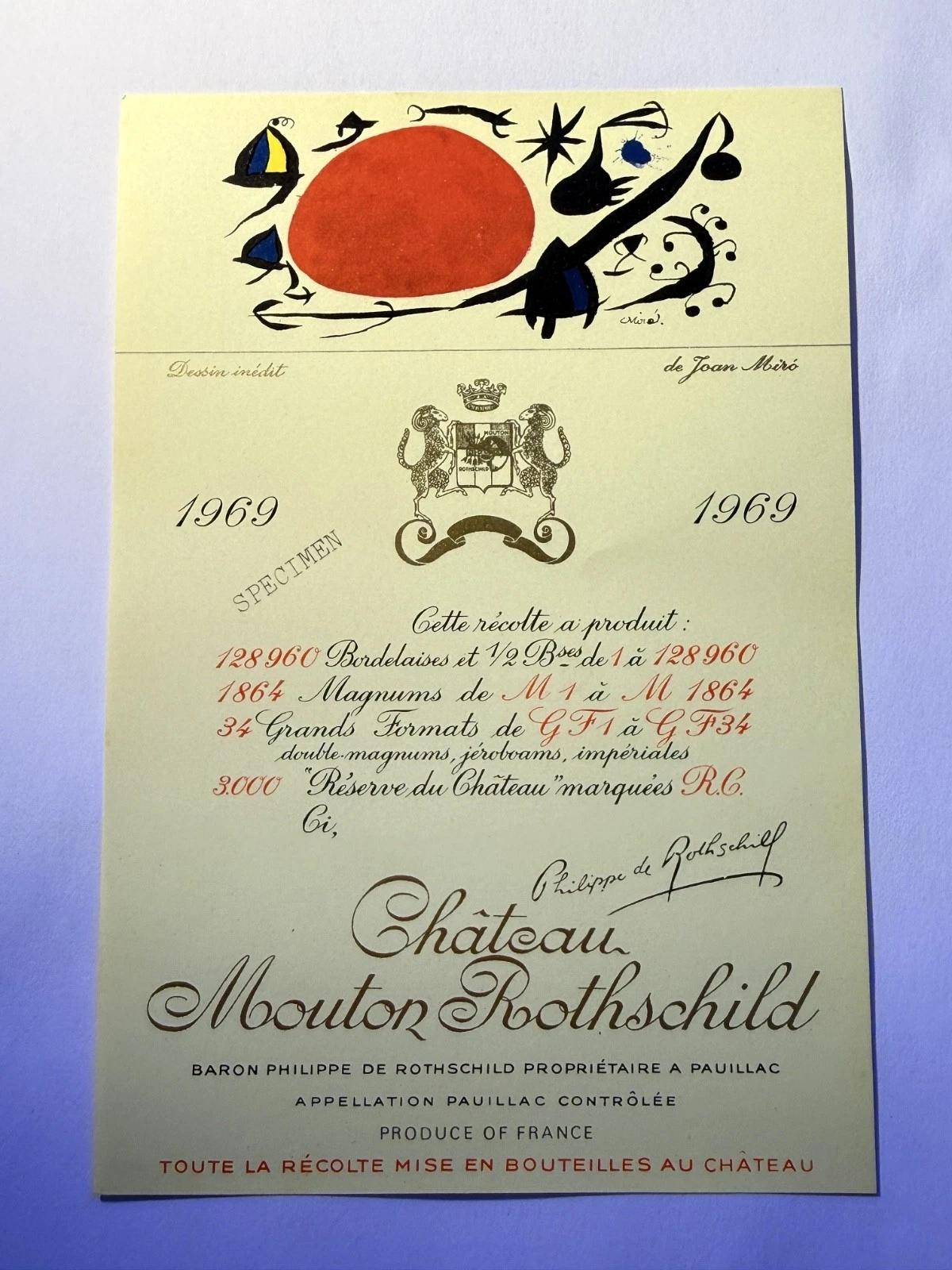 Étiquette De Vin Château Mouton Rotschild Spécimen 1969