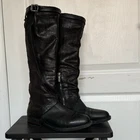 A.S.98. Black Leather Knee High Biker Boots Womens Distressed Zip Buckle Size 38