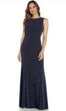 NWT Adrianna Papell Women's Metallic Knit Cowl Back Gown, Navy, Size 8
