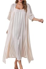 Women's Striped Satin Long Dressing Gown and Nightdress 2 PCS Set Pajamas Gift