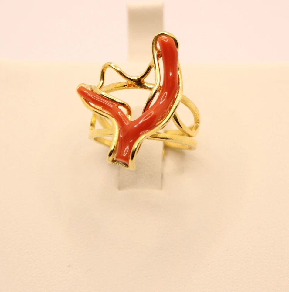 ANELLO IN ARGENTO DORATO CON CORALLO ROSSO NATURALE MIS 15 REGOLABILE EXPLOIT - Immagine 4 di 4