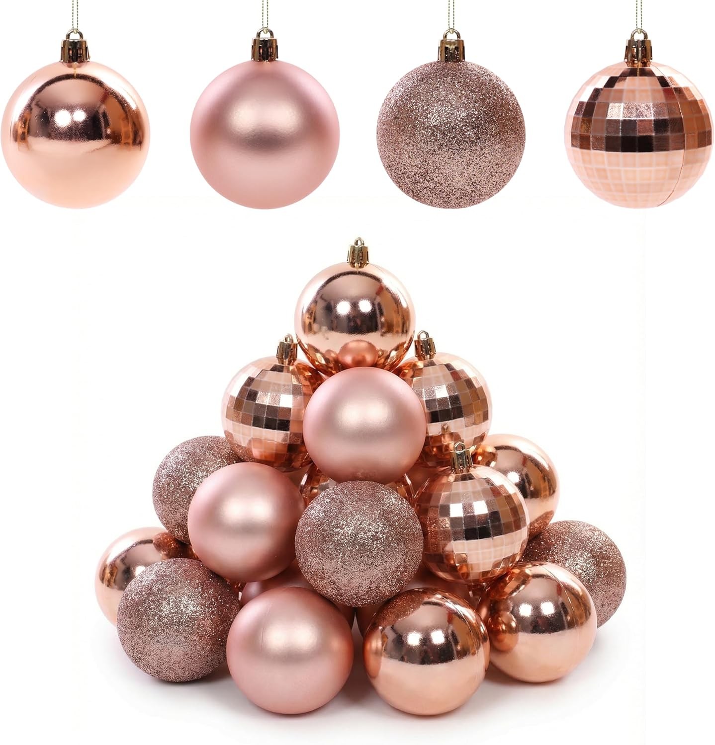 Rose Gold Christmas Baubles 6cm Set of 20 Mixed Style Pack Shatterproof Xmas Tr