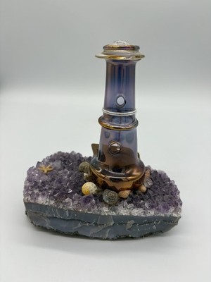 Shades of Gold Molten Glass 24k Lighthouse Sculpture on Amethyst Quartz Base