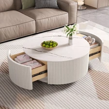 Modern Round Movable Coffee Table with Casters, 2 Drawers, Marble Pattern Sinter