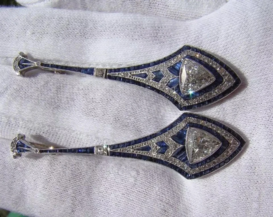 Art Deco Style 8Ct Lab Created Diamond & Sapphire 14K White Gold Finish Earrings - Image 2 of 4